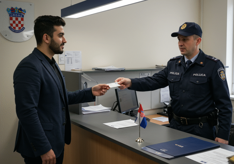 A non-EU digital nomad in their late 20s or early 30s, dressed in smart casual attire, stands at a clean, well-lit counter inside a Croatian *Policijska uprava* (police administration office). A Croatian police officer, wearing a standard dark uniform, extends a new biometric residence card towards the nomad. The nomad reaches to accept it, a subtle expression of quiet satisfaction on their face. The office is brightly lit by natural daylight, with functional furniture and official documents visible on the counter. A small Croatian flag or coat of arms is subtly placed in the background on a wall or desk, indicating the official Croatian setting.