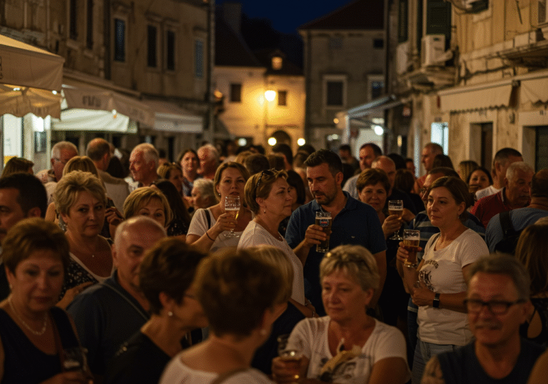 A lively evening scene in a Croatian town, where groups of people of varying ages are gathered in a bustling outdoor setting, holding glasses of beer and engaging in animated conversation. The atmosphere is warm and social, with ambient light illuminating their faces. People are casually dressed for a relaxed social gathering, and traditional Croatian architecture is visible in the soft-focus background, suggesting a local event that fosters shared beer drinking.