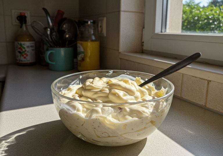 A naturally lit editorial photograph capturing a close-up of a bowl containing mayonnaise-based salad or a creamy dessert, placed on a kitchen counter in a typical Croatian home. Intense, bright summer sunlight streams through a nearby window, casting warm light on the scene and emphasizing the high ambient temperature. The visual suggests the rapid spoilage risk of temperature-sensitive foods during hot summer days in Croatia, highlighting the context of increased food poisoning cases.