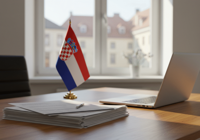 A modern, professional office desk in Croatia. On the desk, a stack of plain, official-looking documents is neatly placed next to a closed laptop computer. A small Croatian flag stands on a nearby credenza or shelf in the background, slightly out of focus. Soft, natural daylight streams through a large window, providing a subtle, blurred view of typical Croatian urban architecture in the distance. The overall atmosphere is calm, analytical, and representative of a statistical office environment.