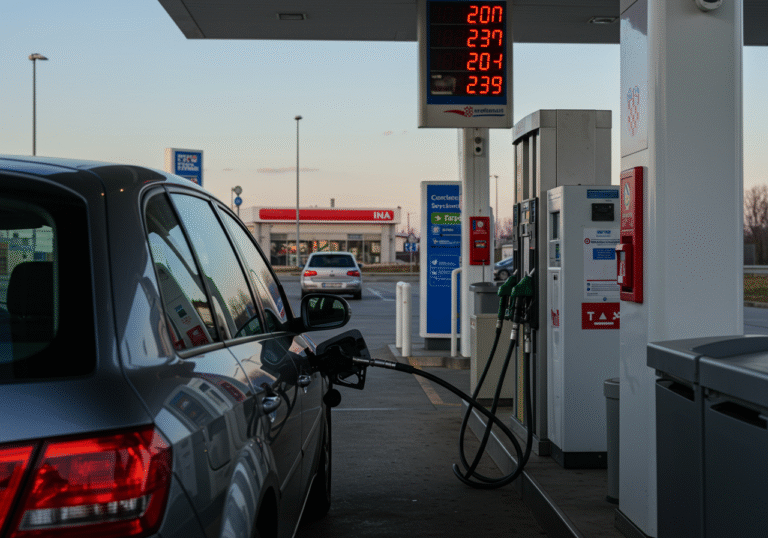 A Croatian driver refueling a car at a modern INA gas station located at a highway rest stop in Croatia on a clear day. The digital price display on the fuel pump shows numbers. The scene includes other vehicles and subtle modern Croatian commercial architecture in the background, under natural light.