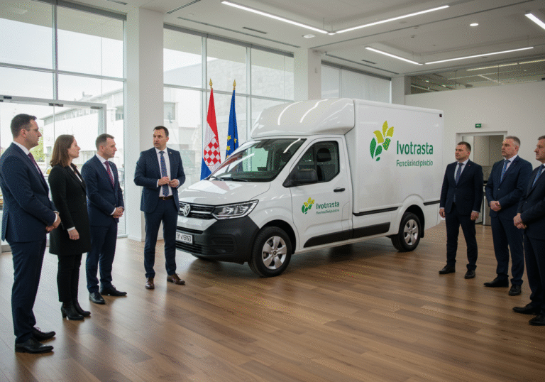 A brightly lit, professional indoor setting, possibly a government building or a large corporate meeting hall in Croatia. A poised Croatian representative, dressed in business attire, stands near a modern, clean white electric delivery van, addressing a small group of Croatian business owners. The business owners, dressed professionally, are engaged and attentive, some taking notes. A Croatian flag is visible in the background, signaling the national context of the initiative. The atmosphere is one of progress, collaboration, and a strategic shift towards green technology, bathed in natural light from large windows.
