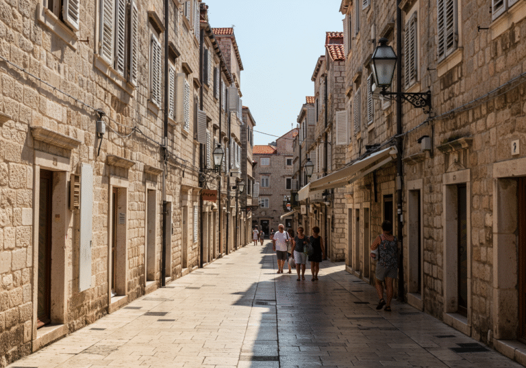 A sun-drenched street scene in a historic Croatian city, possibly in Dalmatia or Istria, at midday during an extreme August heatwave. Intense, bright sunlight illuminates classic stone buildings with traditional terracotta rooftops, casting sharp, deep shadows. A few pedestrians, dressed in light summer clothing, move slowly and deliberately, visibly affected by the scorching 37-40°C temperatures, seeking relief in shaded areas along the narrow streets or by fanning themselves. The air appears still and hot, conveying the widespread impact of the severe heatwave in Croatia.