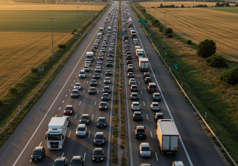 An early morning, wide-angle editorial shot capturing a massive queue of passenger vehicles and commercial trucks stretching for approximately 10 kilometers on a dry highway, all heading eastbound towards the Bajakovo border crossing in Croatia. The sun is low on the horizon, casting long shadows across the congested lanes and the surrounding Croatian agricultural landscape, emphasizing the scale of the traffic on this busy Friday morning in August.