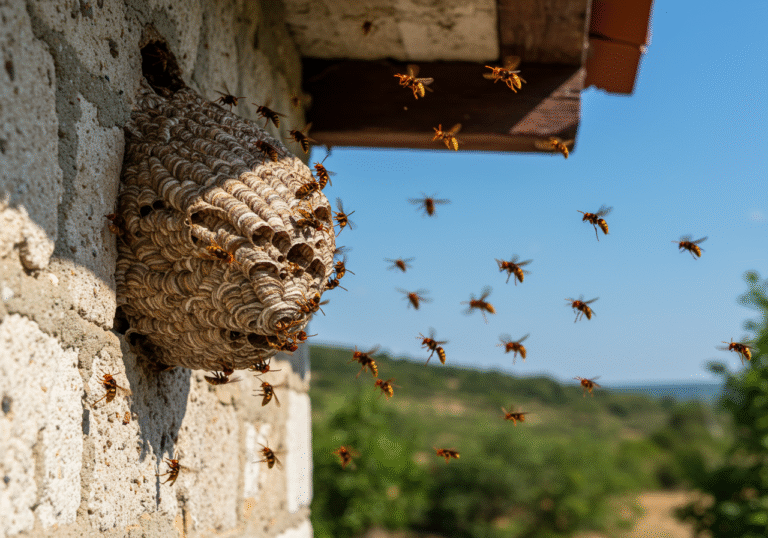 An unusually large and active European hornet (Vespa crabro) nest built into the exterior wall of a traditional stone holiday villa in the sun-drenched Istrian region of Croatia. It is a bright, clear summer afternoon in August. Numerous hornets are visible flying in and out of the nest entrance. The surrounding scene includes typical Mediterranean vegetation under a clear blue sky, depicting a realistic Croatian summer landscape.