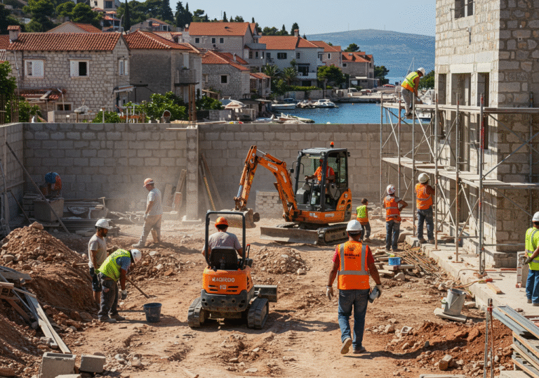 A busy construction site in a sun-drenched coastal Croatian town. Diverse workers, some with sun-weathered faces, wearing hard hats and reflective safety vests, are actively engaged in demanding physical tasks. One worker operates a small excavator on a dusty patch of ground, while others manually carry materials or work on scaffolding around a partially completed modern building. In the background, traditional stone houses and the clear blue Adriatic Sea are visible under a bright sky, emphasizing the ongoing development and the intense labor required in the region.