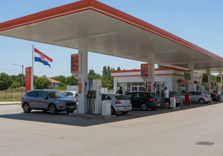 A wide, realistic shot of a modern gas station in Croatia on a bright, sunny day in July 2025. Several cars, typical for the region, are parked at various fuel pumps, with drivers or passengers filling their tanks. Digital price displays on the pumps are clearly visible, showing current Euro prices for different fuel types. A Croatian flag flies prominently near the main station building. The scene captures the everyday reality of fuel purchases and market activity in Croatia following the recent liberalization of the fuel market.