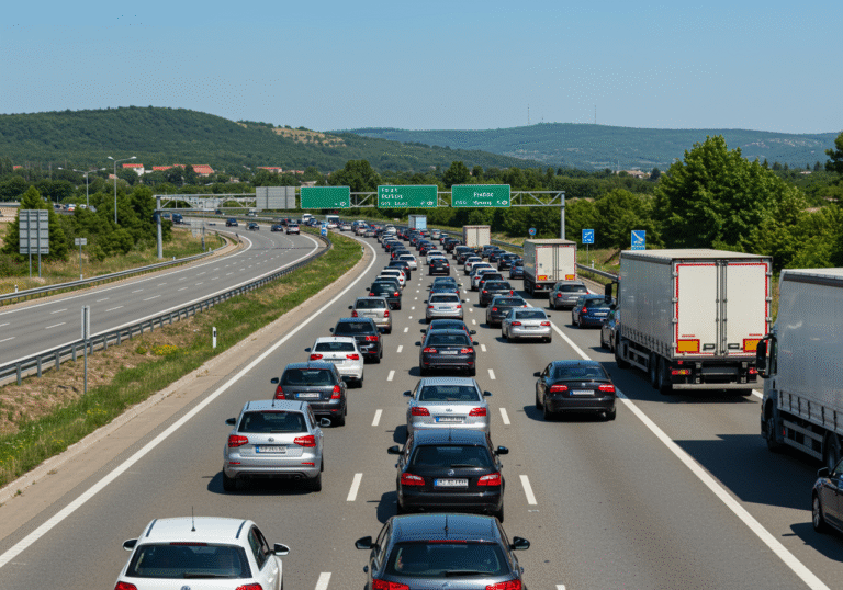 A long line of personal vehicles and some trucks bumper-to-bumper on a sunny summer day on the A2 Zagreb-Macelj highway approaching the Trakošćan toll booth in Croatia. The asphalt shimmers slightly from the heat, and distant green Croatian hills are visible under a clear blue sky. Drivers and passengers are visible inside their vehicles, waiting patiently in the slow-moving queue during peak tourist season.