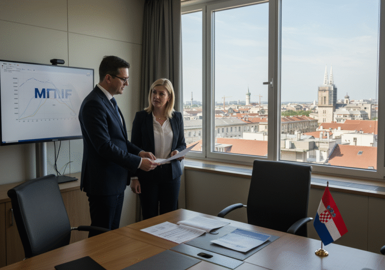 A professional, editorial-style photograph inside a modern, well-lit office at the Croatian National Bank (HNB) building in Zagreb. A Croatian male and female financial expert, dressed in formal business attire, are standing near a window, engaged in a discussion while looking at documents spread on a table. One official gestures towards a screen displaying a subtle financial chart or a stylized MMF logo. Through the large window, a bright, clear daylight view of Zagreb's rooftops and skyline is visible. A small Croatian flag discreetly stands on a nearby desk, conveying a sense of national pride and financial stability following Croatia's new status as an IMF creditor.