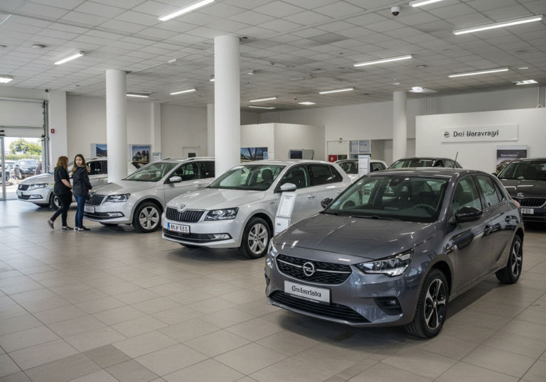 Snažan rast hrvatskog tržišta automobila: Prodaja novih vozila porasla za 7 posto u prvih sedam mjeseci 2025. A brightly lit, modern car showroom in a Croatian urban area like Zagreb, bustling with activity under clear daylight. New passenger vehicles are prominently displayed on a polished floor, including a sleek Opel Corsa in the foreground, an Opel Mokka, and a Škoda Octavia. Various other Škoda and Volkswagen models are visible in the background. A few people, appearing as customers or sales representatives, are walking through the showroom, observing the cars and interacting subtly, conveying a sense of positive consumer interest in new vehicle purchases.