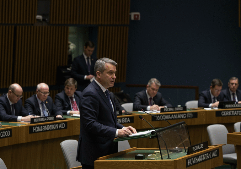 A male diplomat in a dark suit stands at a podium in a formal conference hall at the United Nations Headquarters in New York City, addressing delegates. Natural daylight fills the room, highlighting the professional atmosphere of the international meeting. The diplomat's expression is serious and empathetic, conveying the gravity of discussions on global humanitarian aid.