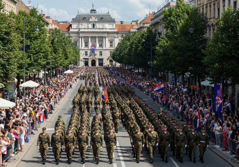 A bright, clear summer day in Zagreb, Croatia, where a grand military parade progresses down a wide boulevard. Thousands of disciplined Croatian Army soldiers march in precise formations. Along the sidewalks, large crowds of Croatian citizens observe the procession, many holding small Croatian flags. Their faces reflect a mix of national pride and a subtle, underlying sense of economic concern. Historic architecture of Zagreb frames the scene, as the nation commemorates the 30th anniversary of Operation Storm on July 31, 2025.