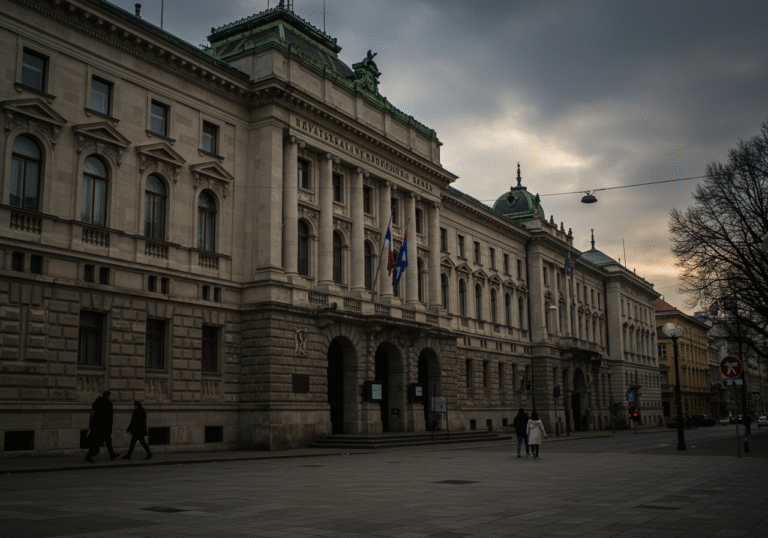 Exterior view of the Hrvatska narodna banka (Croatian National Bank) building in Zagreb, Croatia, on an overcast late afternoon. The grand, stone facade of the official building is prominent, with diffused light creating a serious, quiet atmosphere. A few distant figures walk past on the pavement, giving a sense of the urban environment.