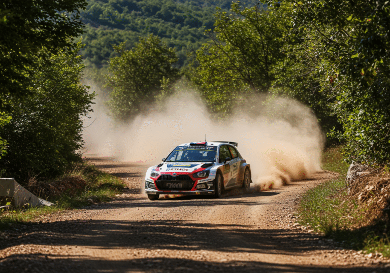A modern rally car, characteristic of the FIA European Rally Championship (ERC), speeds through a dusty gravel stage on a narrow, winding road in the rural Croatian countryside. Sunlight casts long shadows as the car kicks up a cloud of fine dirt, navigating dense green trees and a blurred background of rolling hills. The scene captures the dynamic energy and competitive spirit of the Croatia Rally, a key event in the ERC calendar.