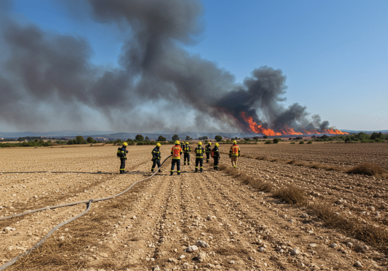 Editorial photograph, wide shot, mid-August daytime in the arid, sun-baked landscape of the Dalmatian hinterland near Split, Croatia. An intense wildfire rages in the background, sending dense plumes of dark smoke into the brilliant, cloudless blue sky, shimmering with heat haze. In the mid-ground, Croatian firefighters in full protective gear are strategically battling the blaze, their determined expressions visible despite the heat. The foreground shows dry, sun-cracked earth and sparse, desiccated vegetation, underscoring the severe mid-August heatwave gripping the region. The scene is bathed in the stark, bright light of midday, creating strong shadows and emphasizing the oppressive heat and the urgent struggle against the flames.