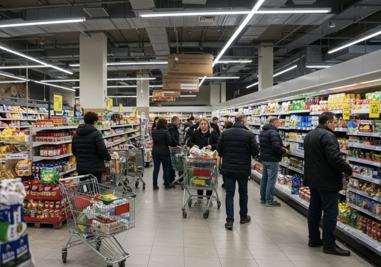 Inside a bustling modern supermarket in Croatia during daytime. Bright ambient light illuminates aisles filled with a wide variety of products. Numerous Croatian shoppers, casually dressed, are seen actively filling their shopping carts and baskets. Carts are visibly full with groceries, beverages, and other household items. People are moving through the store, some heading towards the checkouts, reflecting strong domestic consumption and retail activity.