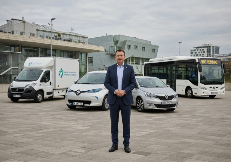 A professional editorial photograph of a Croatian official in business attire, representing the Fund for Environmental Protection and Energy Efficiency, standing confidently in front of a diverse fleet of new zero-emission commercial vehicles. The vehicles include a modern electric delivery van, an electric passenger car, and a compact electric bus, all gleaming under bright daylight. The scene is set in a contemporary Croatian urban environment, with modern architecture and a clear sky in the background, conveying a sense of national initiative and progress towards sustainable transportation for businesses.