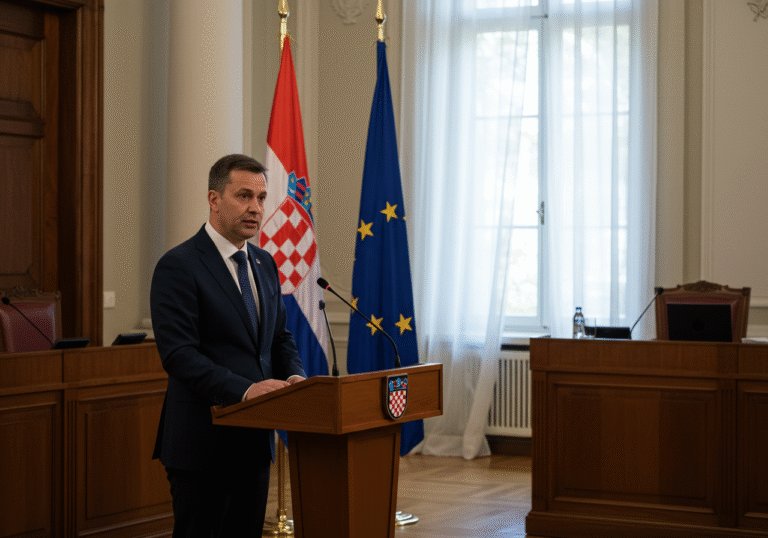 A Croatian government official, dressed in a dark suit, stands at a polished wooden podium in a well-lit government press conference room in Zagreb. Behind the official, the Croatian national flag hangs prominently. Sunlight filters through tall windows, casting a soft, even light. The official has a composed and serious expression, addressing a press briefing regarding the decision to hold supplementary local elections. The scene conveys the formal announcement aimed at ensuring proportional representation for national minorities and Croats within local self-government units across Croatia.