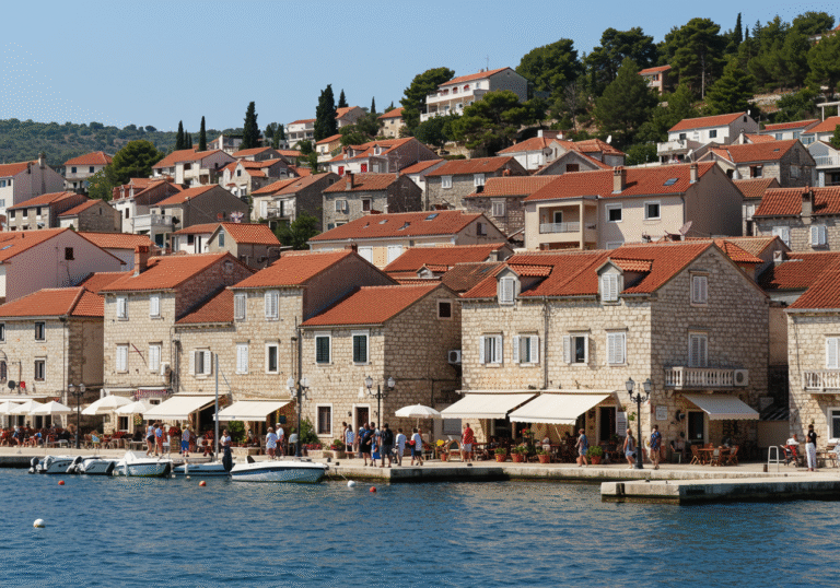 Daytime wide shot of a bustling Croatian coastal town, likely in Zadar County, under clear summer skies. Numerous private accommodation properties, including renovated traditional stone houses with red tiled roofs and blue shutters, alongside more modern but contextually appropriate apartment buildings, line the narrow streets and hillsides, illustrating a significant increase in available tourist lodging. Local residents and well-dressed tourists are visible strolling along promenades or through squares. The scene reflects the vibrant peak season and the expansion of the country's tourism infrastructure.