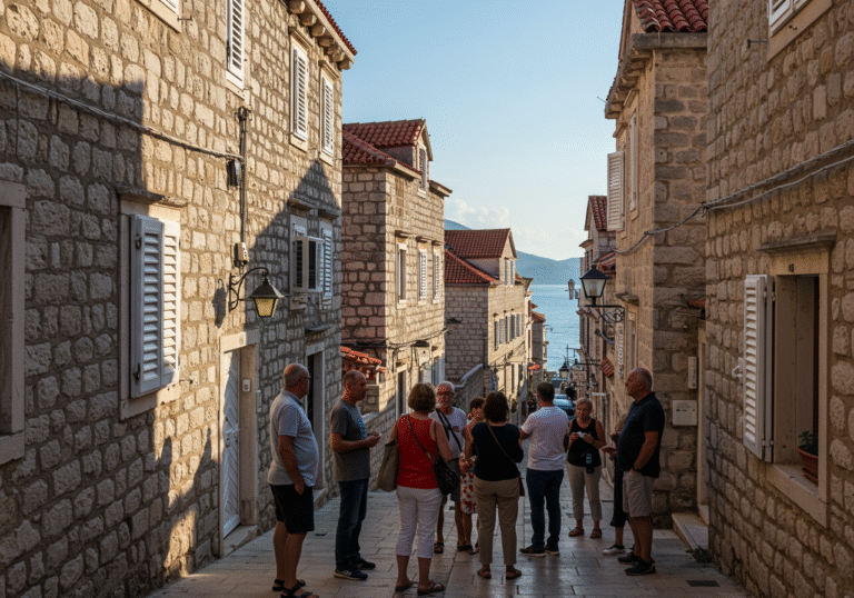 A sun-drenched street in a Croatian coastal town, late morning. Traditional stone apartment buildings with red tile roofs line the narrow street. Croatian residents, including individuals who appear to be property owners or long-term inhabitants, stand in small groups on the sidewalk, engaged in thoughtful conversations. Their expressions reflect the widespread discussions and anticipated impact of the new Croatian Tourism Law and property tax changes, which aim to regulate tourist rentals and alleviate the local housing shortage. The clear blue sky and a glimpse of the Adriatic Sea are visible in the distance.
