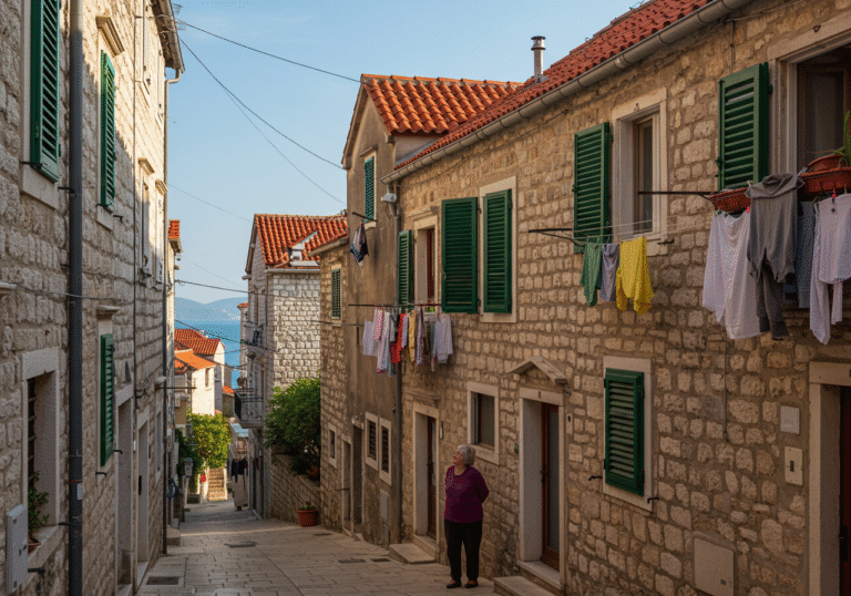 A quiet, sunlit afternoon on a narrow, traditional residential street in a Croatian coastal town. The focus is on a multi-story stone apartment building with red tile roofs and green wooden shutters, characteristic of Croatian architecture. A Croatian resident, a woman in her 60s dressed in everyday clothes, stands near the building's entrance, looking thoughtfully at the facade or a shared common area. Clotheslines with drying laundry are visible from some windows, and potted plants adorn balconies, hinting at settled local life. In the background, other similar residential buildings line the street, leading towards a glimpse of the blue Adriatic Sea. The scene conveys the intersection of community living and the evolving tourism landscape.
