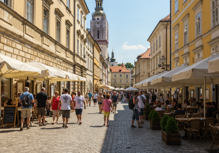 A bustling summer afternoon scene in Zagreb's historic Upper Town, with diverse tourists and locals enjoying outdoor cafes and cultural landmarks. Bright sunlight illuminates the charming cobblestone streets and distinct Baroque architecture. People are dressed in light, casual summer clothing, some holding cameras, others engaging in lively conversation. The atmosphere is vibrant and inviting, reflecting Zagreb's growing appeal as a cultural and business tourism destination.