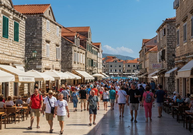 A bustling, sun-drenched promenade in a historic Croatian coastal town during early August. Crowds of diverse international tourists, including families and couples, are strolling leisurely, enjoying the warm weather. Traditional stone buildings with red-tiled roofs line the street, some featuring outdoor cafes with full tables. In the background, glimpses of the clear azure Adriatic Sea and boats in a harbor are visible under a bright blue sky. People are dressed in light summer clothing, looking relaxed and happy, reflecting a vibrant and successful peak tourist season.