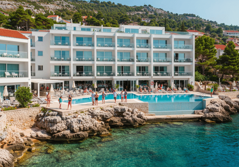 A vibrant four-star hotel resort on the Dalmatian coast in Croatia, bustling with international tourists in mid-July. The modern architectural design features white facades and large glass windows, blending with the rocky coastline and lush Mediterranean vegetation. Guests, dressed in casual summer attire, are seen relaxing by a large outdoor infinity pool overlooking the clear blue Adriatic Sea, some are walking towards the main entrance, while others enjoy drinks on a shaded terrace. The sun is high, casting bright light on the scene, emphasizing the lively summer atmosphere.