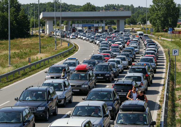 A long queue of passenger vehicles, including cars with roof racks and luggage, stretching for hundreds of meters on a hot, clear summer day at the Batrovci border crossing, as they wait to enter Croatia from Serbia. Drivers and passengers appear weary inside their vehicles, some standing outside stretching, reflecting hours of delay under the intense mid-August sun. Croatian border booths are visible in the distance, indicating the direction of travel.