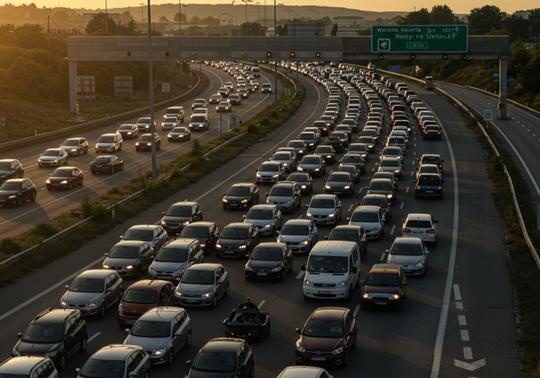 A high-angle, eye-level view capturing severe traffic congestion at the Lučko toll station south of Zagreb, Croatia, on a summer evening. Hundreds of vehicles are tightly packed in multiple lanes, forming a long queue stretching back from the toll booths towards the city. The sky is a warm golden hue from the setting sun, illuminating the exhaust haze above the slow-moving and stationary cars. Drivers inside the vehicles appear fatigued or resigned, with some looking out their windows at the surrounding Croatian highway landscape.