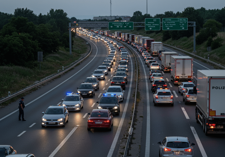 An editorial wide shot of the A1 highway near Bosiljevo, Croatia, at 6:20 PM on an August evening. Long lines of cars and trucks are completely gridlocked, stretching into the distance under the fading light of a summer sky. Brake lights illuminate the scene as drivers wait impatiently inside their vehicles. In the foreground, a uniformed Croatian police officer stands next to a damaged vehicle on the shoulder, assessing the traffic congestion caused by an accident. Distant highway signs with Croatian text are visible, emphasizing the local context.
