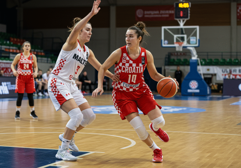 A Croatian U20 women's basketball player, wearing the red and white national team uniform, intently drives towards the basket, past a Maltese opponent, during the FIBA U20 EuroBasket game at the University Sports Hall in Miskolc, Hungary. The player's focused expression and athletic posture reflect the Croatian team's dominant performance. Bright sports arena lights illuminate the polished wooden court on a Saturday evening. Croatian teammates are visible in supporting positions, showcasing a cohesive team effort.