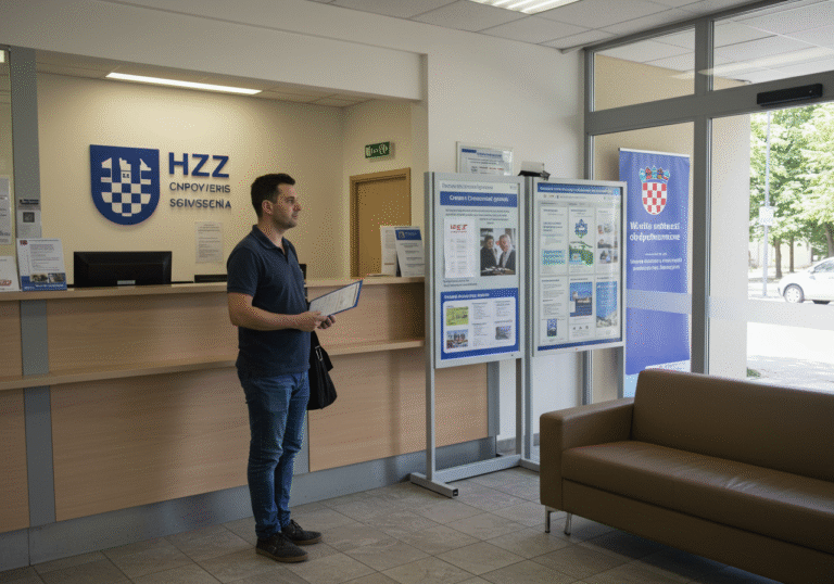 A Croatian person in their late 30s stands composedly in the well-lit reception area of a Croatian Employment Service (HZZ) office in Zagreb, Croatia. It is a clear July 2025 afternoon, with warm natural light entering through large windows, highlighting the clean, modern office interior. The individual, dressed in neat casual wear, holds a folder in one hand and looks towards a general information display, their posture reflecting a blend of purpose and contemplation regarding the current employment situation.