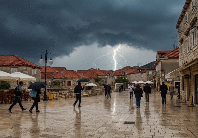 A dramatic editorial photograph captured in the mid-afternoon in an inland Croatian town. Ominous, dark storm clouds gather overhead, casting a heavy shadow. Sheets of rain are starting to fall heavily, with strong gusts of wind whipping through the streets. Pedestrians on a stone-paved street are caught unprepared, some holding umbrellas inverted by the wind, others rushing for cover towards buildings with typical Croatian red-tiled roofs. Puddles are rapidly forming on the wet pavement, reflecting the darkened sky. The air is thick with the intensity of an approaching thunderstorm, with a palpable sense of urgency and concern on people's faces as they brace for severe weather.