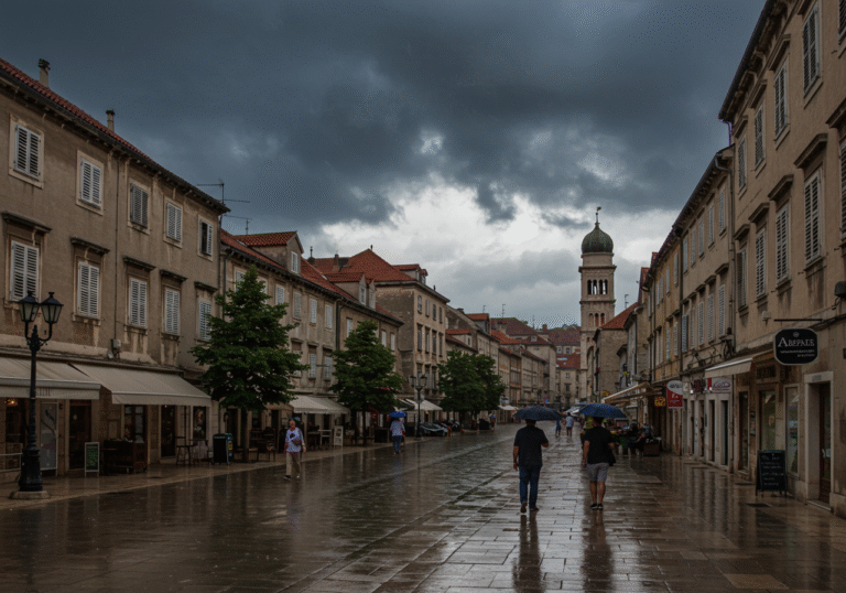 An urban street in a Croatian city on a rainy August 5th afternoon. Dark, heavy storm clouds loom overhead, and a steady rain is falling, creating reflections on the wet asphalt. Pedestrians walk with umbrellas or seek shelter under building awnings. Traditional Croatian buildings line the street in the soft, diffused light of the stormy sky.