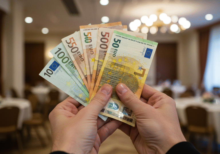 A close-up, editorial shot of a person's hands holding and discreetly fanning out several Euro banknotes, including 50, 100, and 200 denominations, symbolizing the financial considerations for wedding gifts in Croatia. The background features a subtly blurred, elegant interior of a modern formal venue, possibly a wedding reception hall, illuminated by soft, ambient lighting. The hands convey a thoughtful or slightly pensive expression regarding the amount.