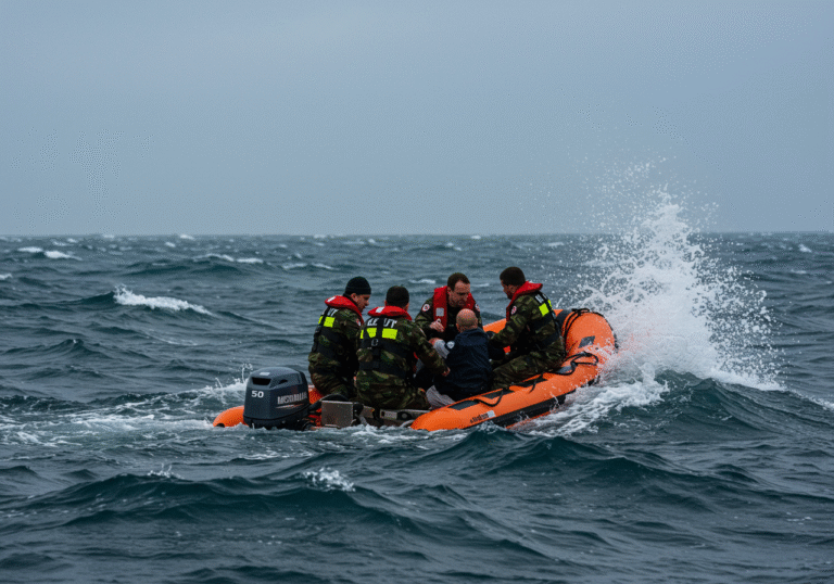 A Croatian military rescue team is actively extracting a distressed Italian married couple from their disabled boat in the rough Northern Adriatic Sea, off the Istrian coast. Large, turbulent waves crash around the small vessel, propelled by a strong 'bura' wind. The sky is overcast and grey, casting a somber light on the challenging maritime conditions as military personnel assist the couple to safety.