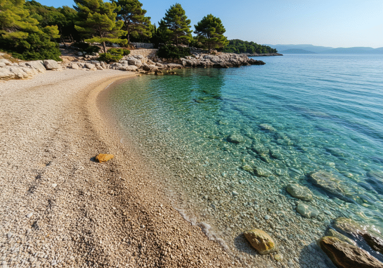 A pristine, sun-drenched pebble beach along the Croatian coast, featuring remarkably clear, brilliant turquoise waters gently meeting the shore. The scene is bathed in bright afternoon sunlight, highlighting the natural beauty of the Adriatic landscape. Sparse Mediterranean vegetation, including iconic pine trees, dots the coastline, complementing smooth, light-colored rocks. The air is calm and warm, typical of a summer day in the Dalmatian region, conveying an untouched, serene atmosphere suitable for a prestigious travel feature.