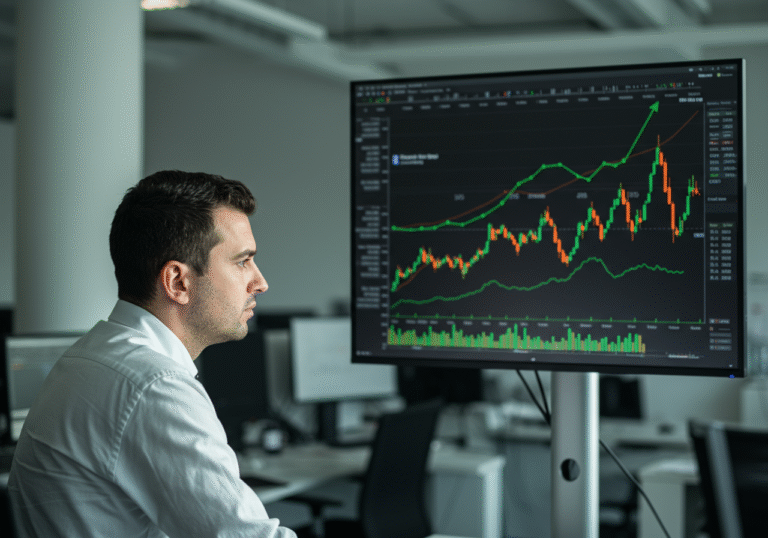 A focused shot of a professional in business attire intently observing a large monitor displaying financial data charts with upward-trending green lines and positive indicators, in a modern, sunlit office in Zagreb, Croatia. The background shows blurred activity of a busy financial environment, conveying the stability and growth of the Croatian capital market on a summer trading day.