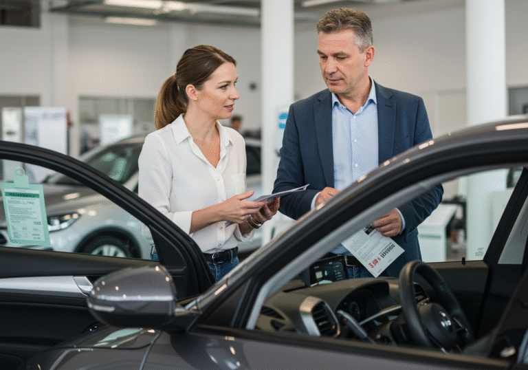 A Croatian man and woman, in their 40s, stand in a well-lit, modern car dealership showroom in Croatia, looking at a new mid-range family car. The woman is casually leaning into the driver's side, gesturing towards the dashboard while conversing with the man, who is holding a sales brochure or looking at a price tag on the car window. Their expressions are thoughtful, focused on the car's practical features. Safety features are subtly visible within the vehicle's interior but are not the primary focus of their attention. Natural daylight illuminates the showroom.