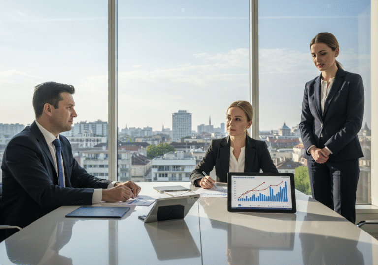 A professional photograph of two Croatian business executives, one male and one female, dressed in smart business attire, seated at a sleek conference table in a modern, sunlit office. Spread before them are financial documents and a digital tablet displaying charts that clearly indicate strong upward trends in investment and loan growth for Croatian companies. A Croatian banking representative, also professionally dressed, stands nearby, engaged in the discussion. Through the large window, a subtle view of the Zagreb skyline can be seen under a bright, clear sky. The scene conveys a sense of positive financial momentum and strategic business planning, reflecting the recent increase in corporate lending in Croatia.