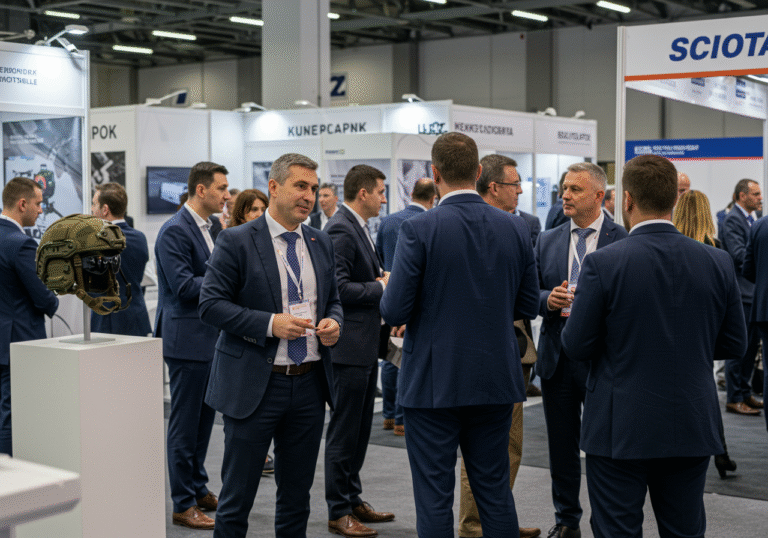 Croatian defense industry professionals are networking at an industry conference in a modern exhibition space in Croatia. A diverse group of men and women in business attire are engaged in conversations, some gesturing towards nearby display booths. In the background, subtle elements of military technology, including a contemporary ballistic helmet on a pedestal and a compact, advanced drone, are visible. The scene is well-lit with soft, ambient light, capturing the professional atmosphere of a rapidly growing industry cluster.