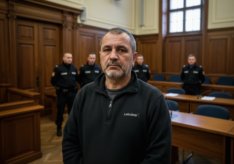 A 62-year-old man, E.A., a carpenter, standing with a stoic and defiant expression in a formal Croatian court setting in the Istria region. He is dressed in civilian clothes. Uniformed Croatian court security personnel are visible in the background. The courtroom features traditional judicial architecture with sturdy wooden furniture and high ceilings. Soft, even daylight filters through large windows, illuminating the somber atmosphere of the legal proceedings.