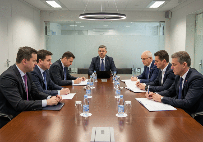 A group of Croatian industrial executives and business leaders, including a prominent male figure in a suit, are seated around a large conference table in a modern, well-lit boardroom in Zagreb, Croatia. They are engaged in an intense discussion, reviewing documents and possibly looking at a laptop screen. The atmosphere is serious and forward-looking, reflecting the strategic shift of Croatian companies towards military production and the pursuit of EU defense funds. The executives are professionally dressed, and the room has a contemporary, official appearance, with natural light filtering in. The scene captures a moment of crucial decision-making in Croatia's evolving industrial landscape.