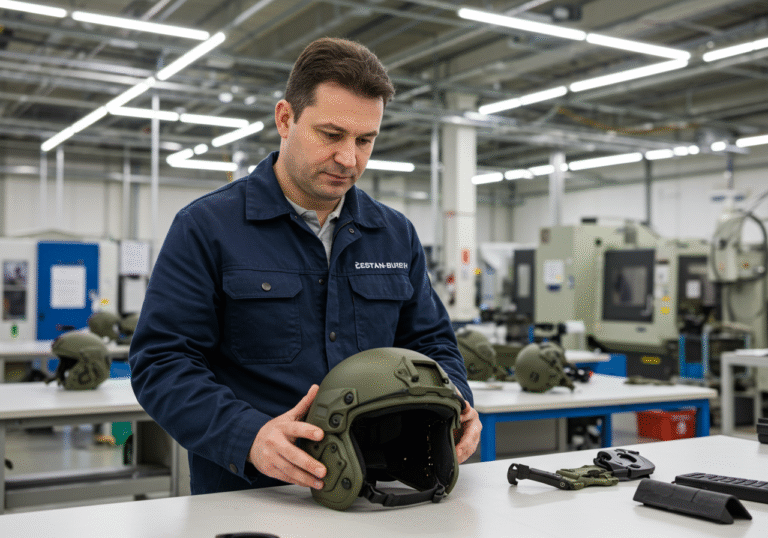 A Croatian engineer, dressed in a practical dark blue work jacket over a light shirt, meticulously examines a modern Šestan-Busch ballistic helmet on a clean, light-colored workbench. The scene is set inside a high-ceilinged, well-lit manufacturing facility of a Croatian defense company. In the soft-focused background, indistinct forms of advanced machinery and partial military components suggest ongoing production and innovation. The engineer's face shows a concentrated, professional expression. Bright, diffused industrial lighting illuminates the workspace, highlighting the helmet's details.