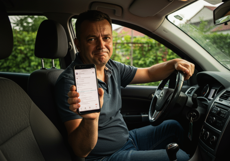 A Croatian man in his late 40s sits inside his well-used, mid-range sedan, possibly an Opel, parked in a sun-drenched suburban driveway in Croatia on a late summer afternoon. He holds a modern smartphone close to his face, displaying the user interface of a Croatian news portal's comment section with rows of blurred text, indicating an active online discussion about vehicle quality. His expression is a thoughtful grimace, a mix of disappointment and reflection, hinting at past bad car purchase experiences. The car's interior, though clean, shows signs of ordinary wear and tear, not luxury. Natural, slightly golden hour light illuminates the scene.