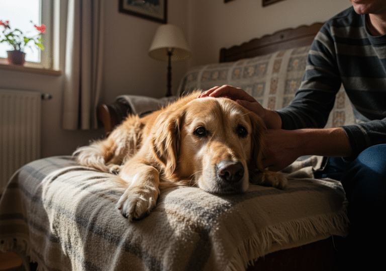 A ten-year-old Golden Retriever named Mulligan, with a calm and contented expression, lies comfortably on a soft blanket in a sunlit living room of a warm Croatian family home. A Croatian family member, their face showing quiet joy, is gently stroking Mulligan's head. Natural daylight streams through a window, illuminating the cozy interior with subtle, traditional Croatian decor. The atmosphere is one of profound peace and affection, reflecting Mulligan's new life and happiness after being adopted.