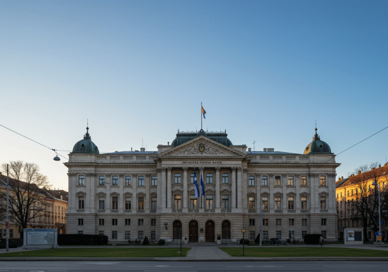 A professional, editorial-style wide shot of the Croatian National Bank (Hrvatska narodna banka - HNB) building in Zagreb, Croatia, under a clear, bright morning sky. The stately neoclassical architecture is prominent, reflecting institutional stability. The surrounding urban environment is subtly visible, conveying a sense of the national financial landscape and the significance of economic data.