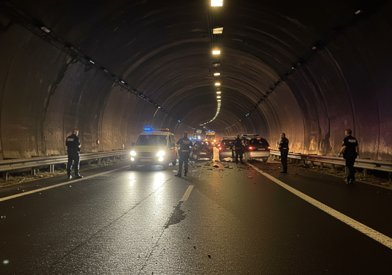 A multi-vehicle collision involving five cars is visible inside the Plasina tunnel on the Croatian A1 motorway during the early morning of August 1, 2025. Croatian police officers are on site, assessing the scene and directing the severely slowed traffic. The vehicles show visible material damage. The tunnel walls are dimly lit, and the asphalt road surface is damp, reflecting the artificial lights. Headlights and taillights of backed-up vehicles glow in the distance, indicating significant congestion.