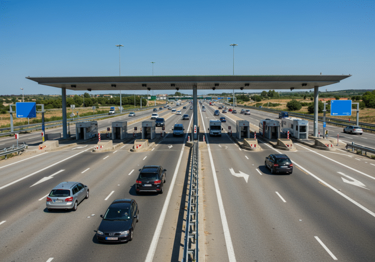 A bustling scene at a modern Croatian highway toll station on a bright summer day. Multiple toll lanes are active with a continuous flow of vehicles, including various passenger cars and some recreational vehicles, passing through. The sleek, contemporary design of the toll booths stands under a clear blue sky. The multi-lane highway extends into the distance, bordered by the characteristic Croatian landscape, illustrating high traffic volume and efficient infrastructure utilization.
